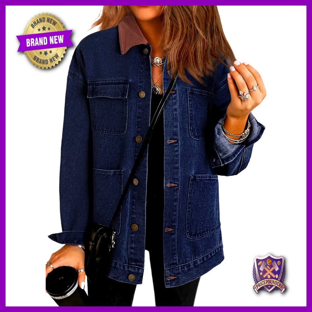 Oversized Denim Jacket Corduroy Collar Vintage Retro Barn Fit Long Sleeve